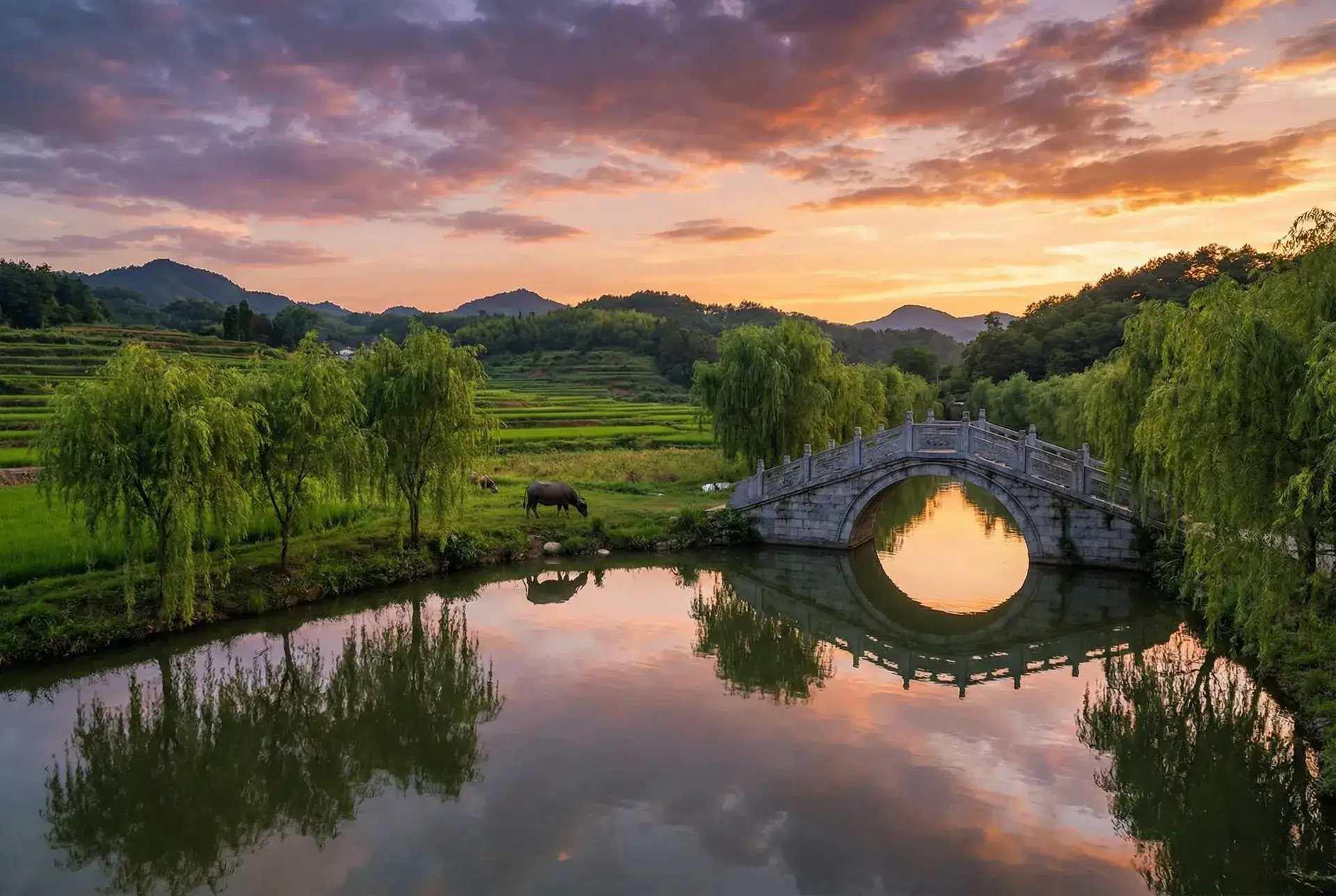 夕阳下的石拱桥与垂柳，水牛在河边吃草 - 捷克钞能力 乡村美景
